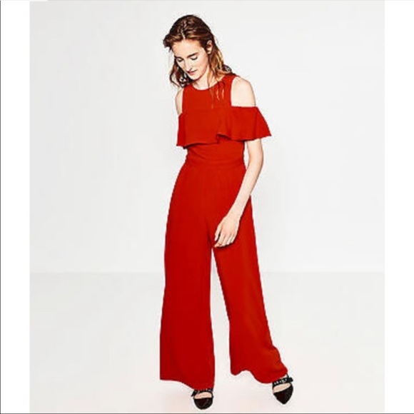 red cold shoulder jumpsuit